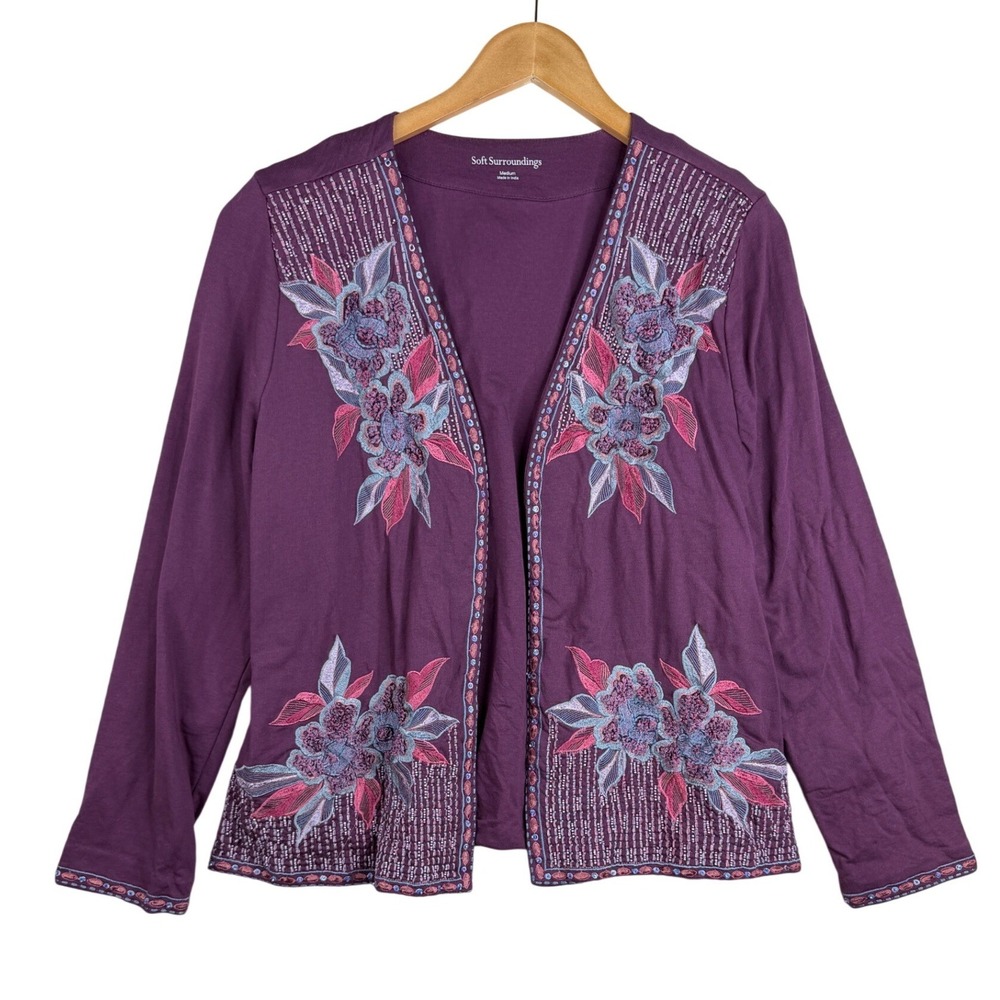 Soft Surroundings "Playa" Embroidered Open-Front Jersey Cardigan size Medium Pur